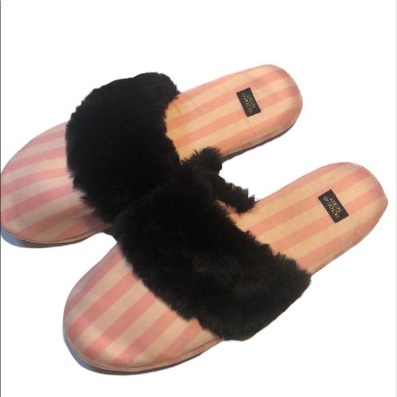 Victoria’s Secret striped black & pink fur slippers - Picture 1 of 7